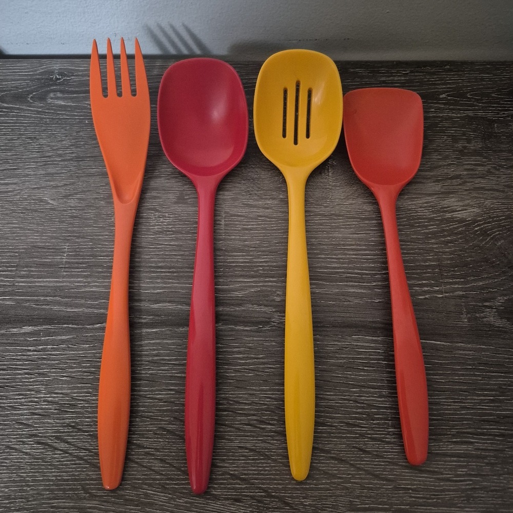 LOT OF 4 MISC. VINTAGE DENMARK ROSTI MIXED COLORS MELAMINE LARGE UTENSILS